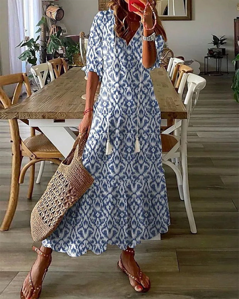 Fiamma | Women's Boho Ikat-Print Tassel Maxi Dress