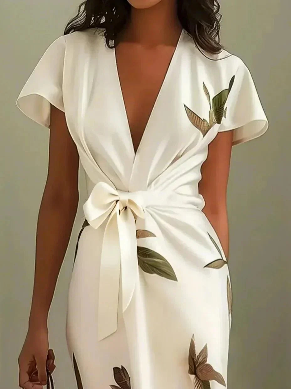Morvella | Women's Leaf Print Bow Tie Wrap Midi Dress