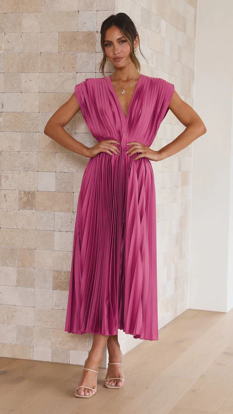 Eulalia | Women's Elegant V-Neck Pleated Midi Dress