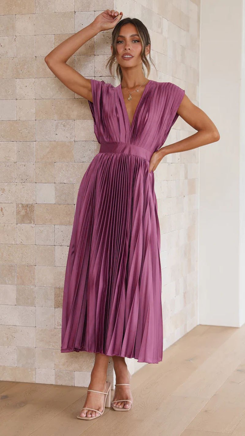 Eulalia | Women's Elegant V-Neck Pleated Midi Dress