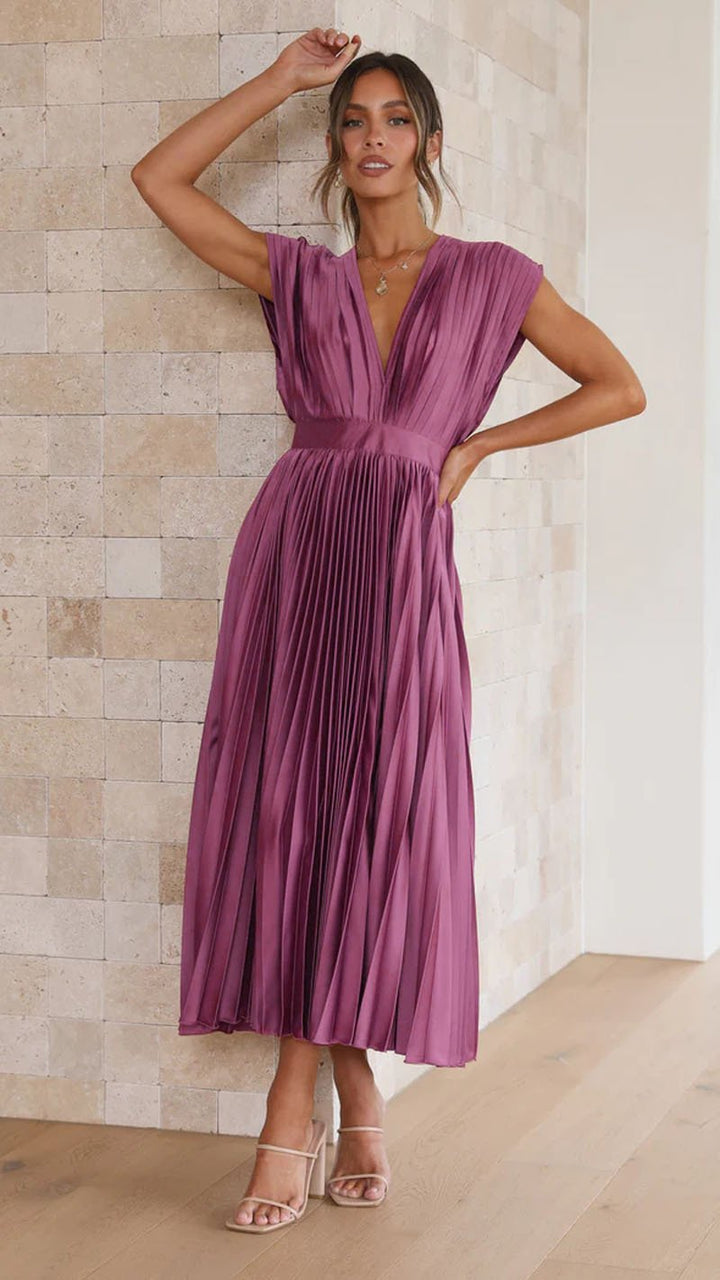 Eulalia | Women's Elegant V-Neck Pleated Midi Dress