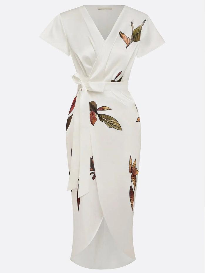 Morvella | Women's Leaf Print Bow Tie Wrap Midi Dress