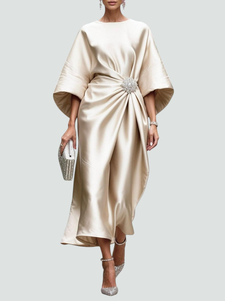 Xandrie | Women's Satin Brooch Kimono Sleeve Midi Dress