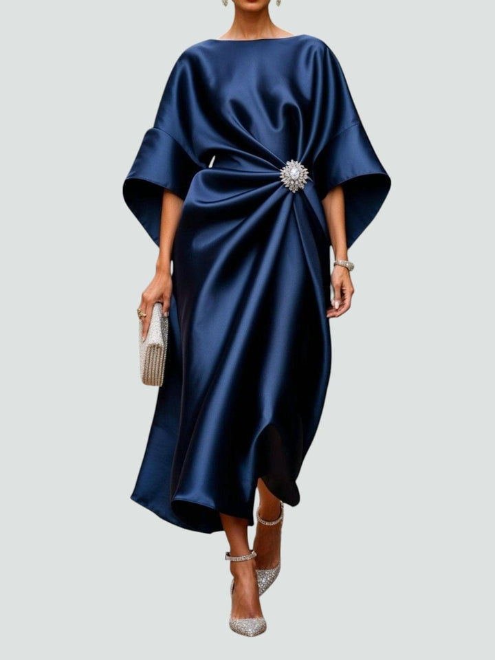 Xandrie | Women's Satin Brooch Kimono Sleeve Midi Dress