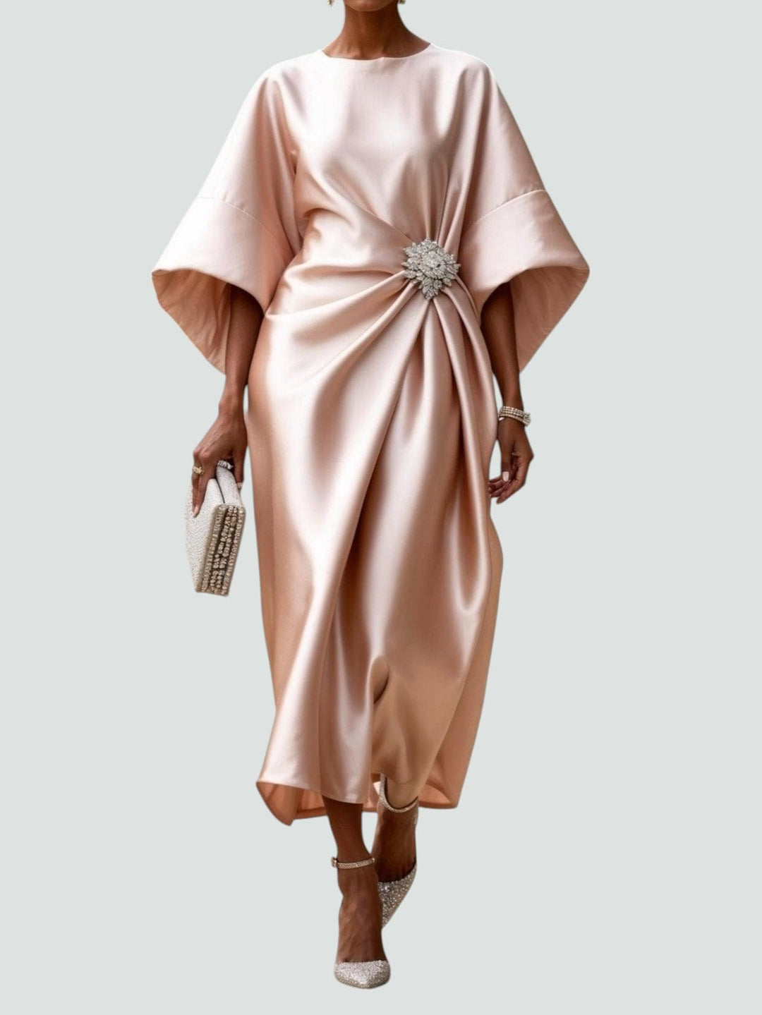 Xandrie | Women's Satin Brooch Kimono Sleeve Midi Dress