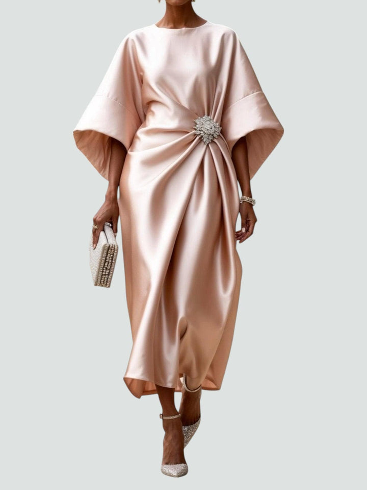 Xandrie | Women's Satin Brooch Kimono Sleeve Midi Dress
