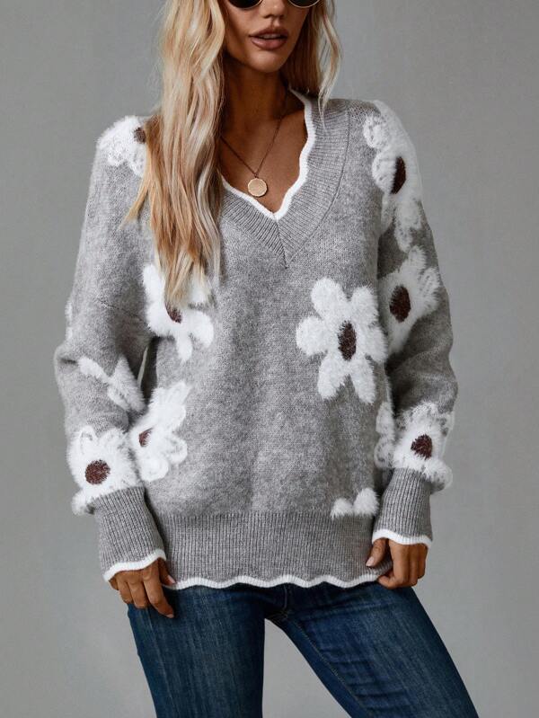 Elvoria | Women's Floral Jacquard V-Neck Knit Sweater