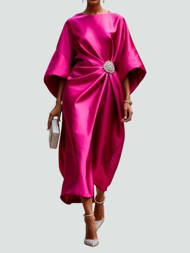 Xandrie | Women's Satin Brooch Kimono Sleeve Midi Dress