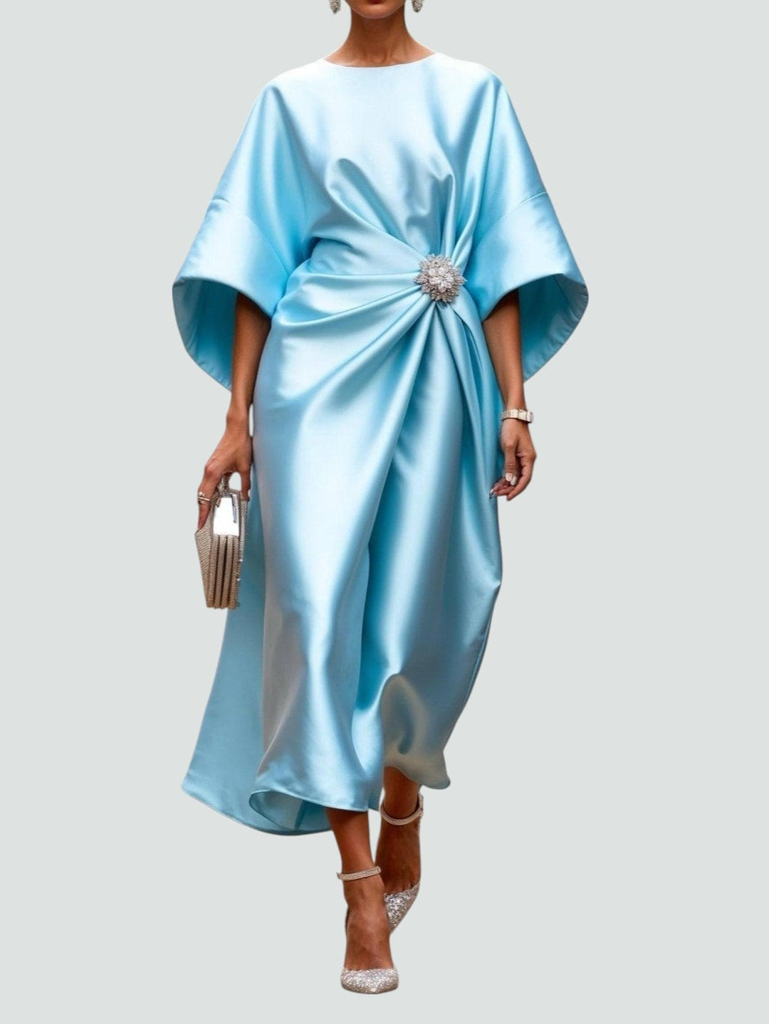 Xandrie | Women's Satin Brooch Kimono Sleeve Midi Dress