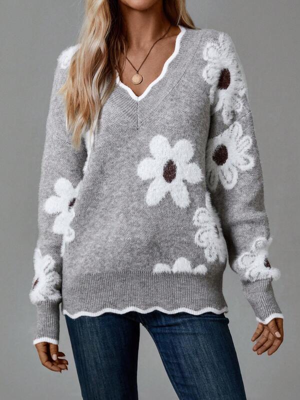 Elvoria | Women's Floral Jacquard V-Neck Knit Sweater