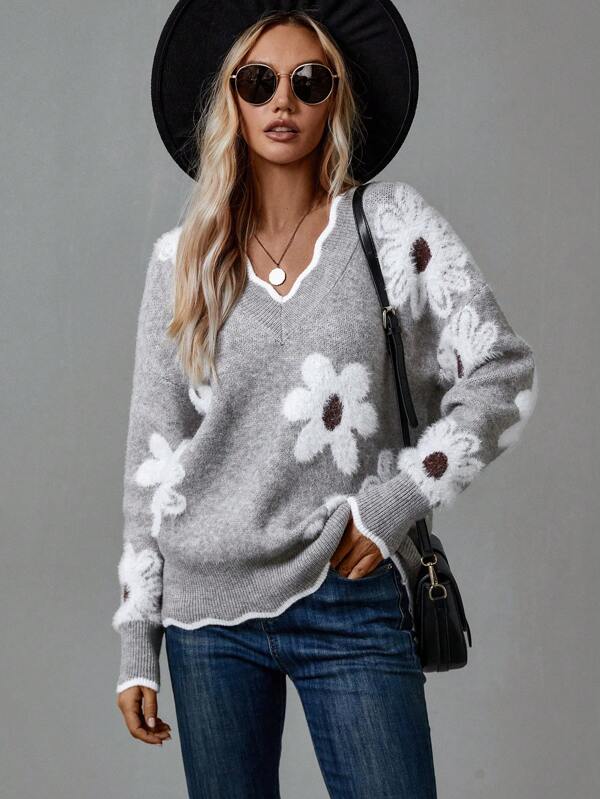 Elvoria | Women's Floral Jacquard V-Neck Knit Sweater