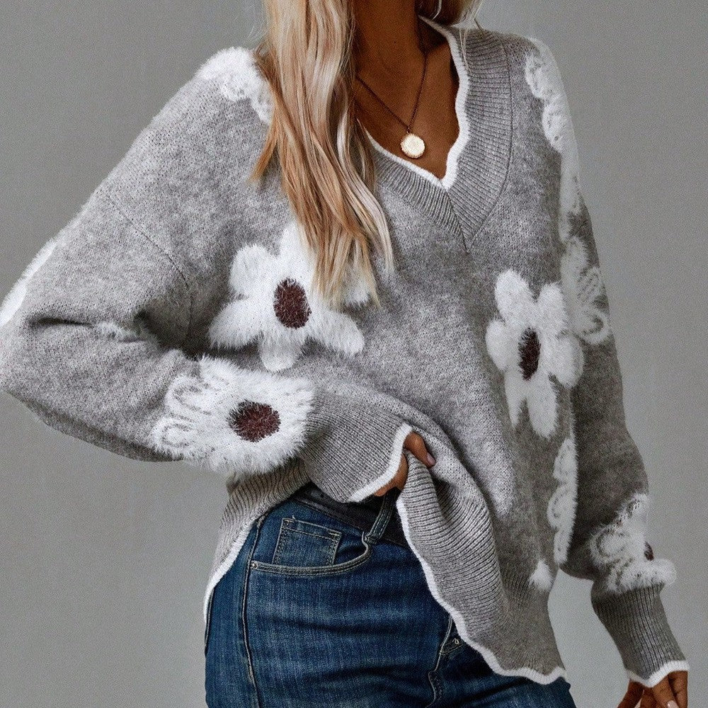 Elvoria | Women's Floral Jacquard V-Neck Knit Sweater