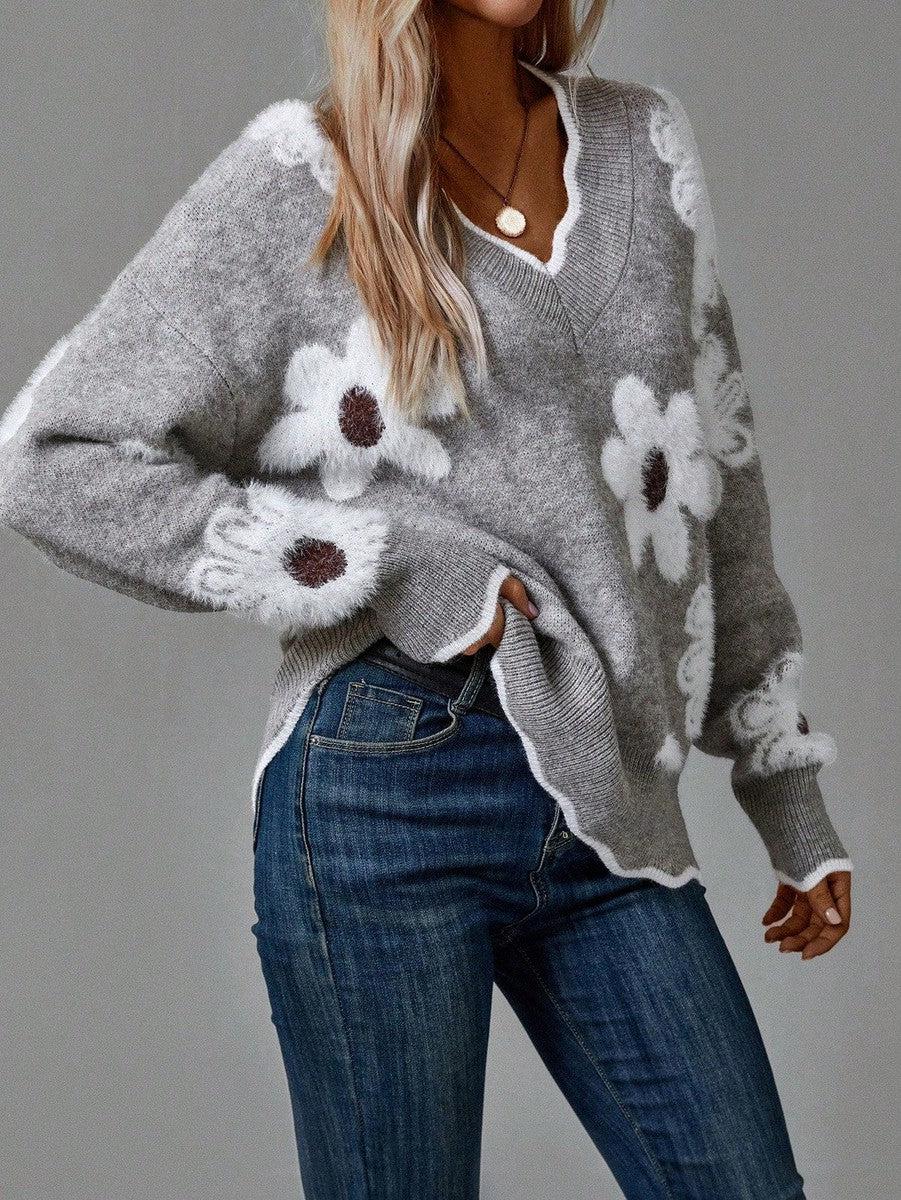 Elvoria | Women's Floral Jacquard V-Neck Knit Sweater