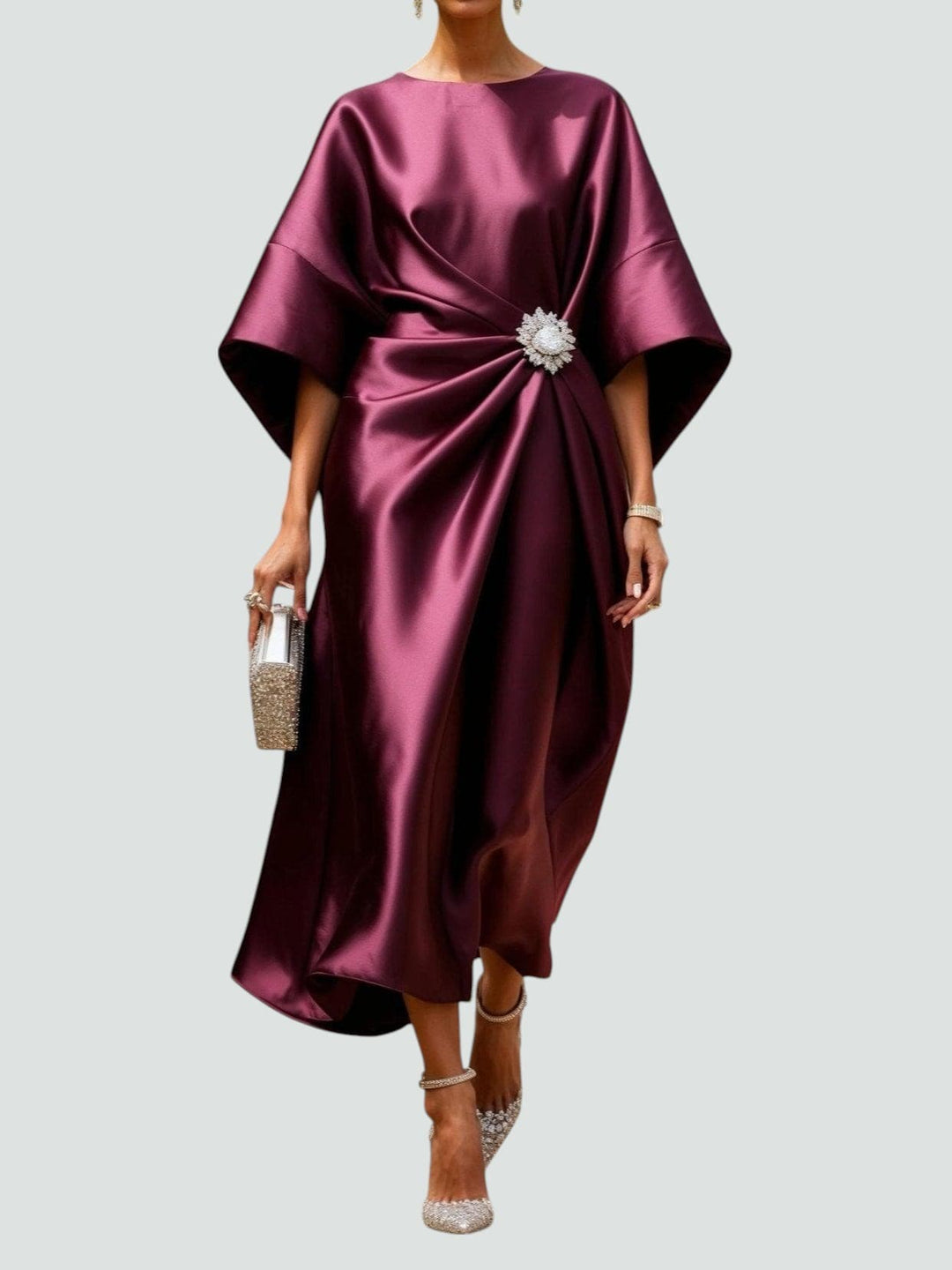 Xandrie | Women's Satin Brooch Kimono Sleeve Midi Dress
