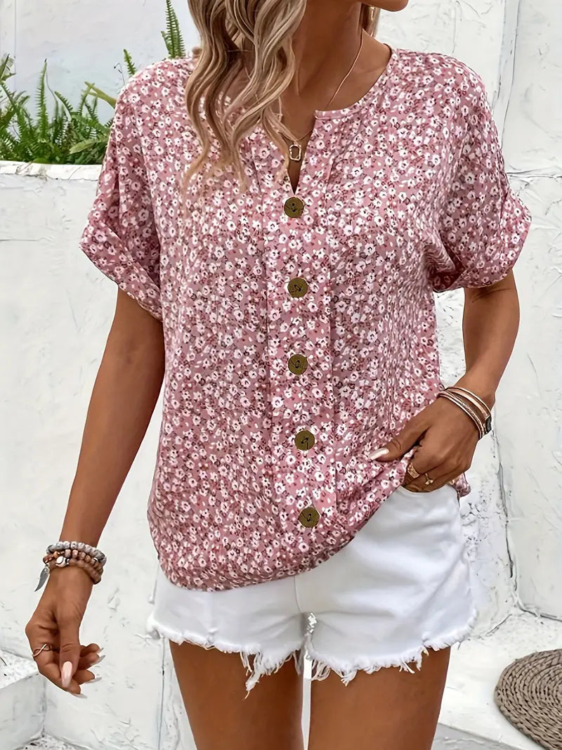 Clover | Women's Chic Floral Button-Front Blouse
