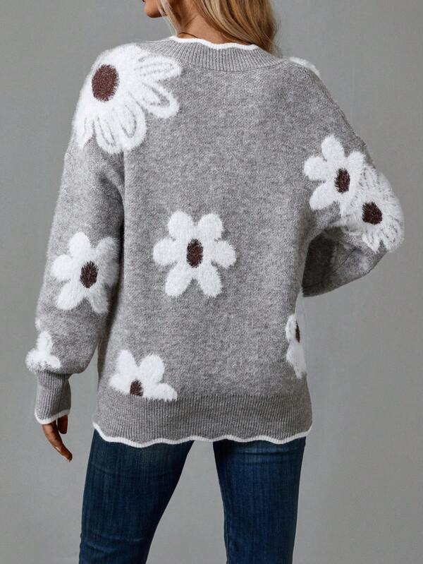 Elvoria | Women's Floral Jacquard V-Neck Knit Sweater
