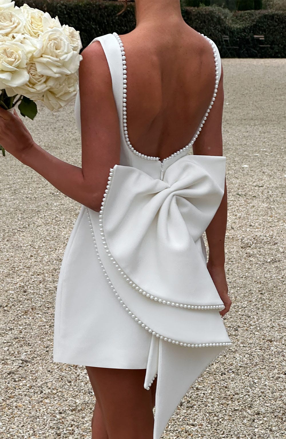 Elunara | Women's Pearl Trim Bow Back Structured Mini Dress