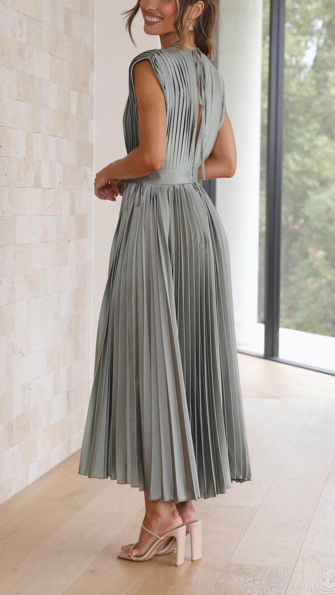 Eulalia | Women's Elegant V-Neck Pleated Midi Dress