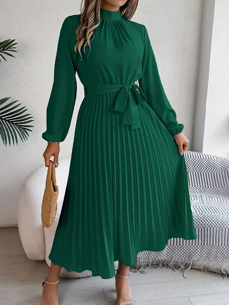 Nolira | Women's Pleated Belted Long Sleeve Midi Dress