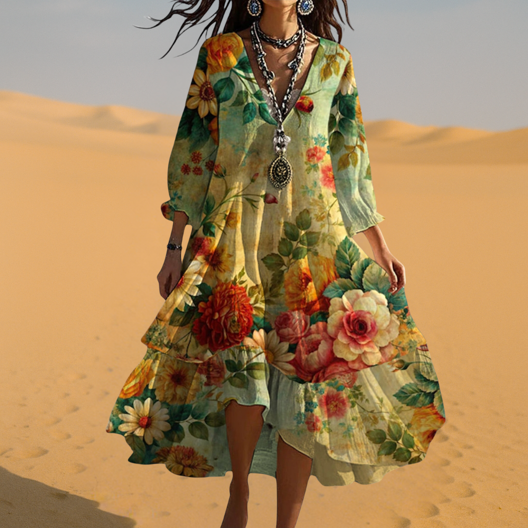Fleur | Women's Vintage Boho Floral V-Neck Midi Dress
