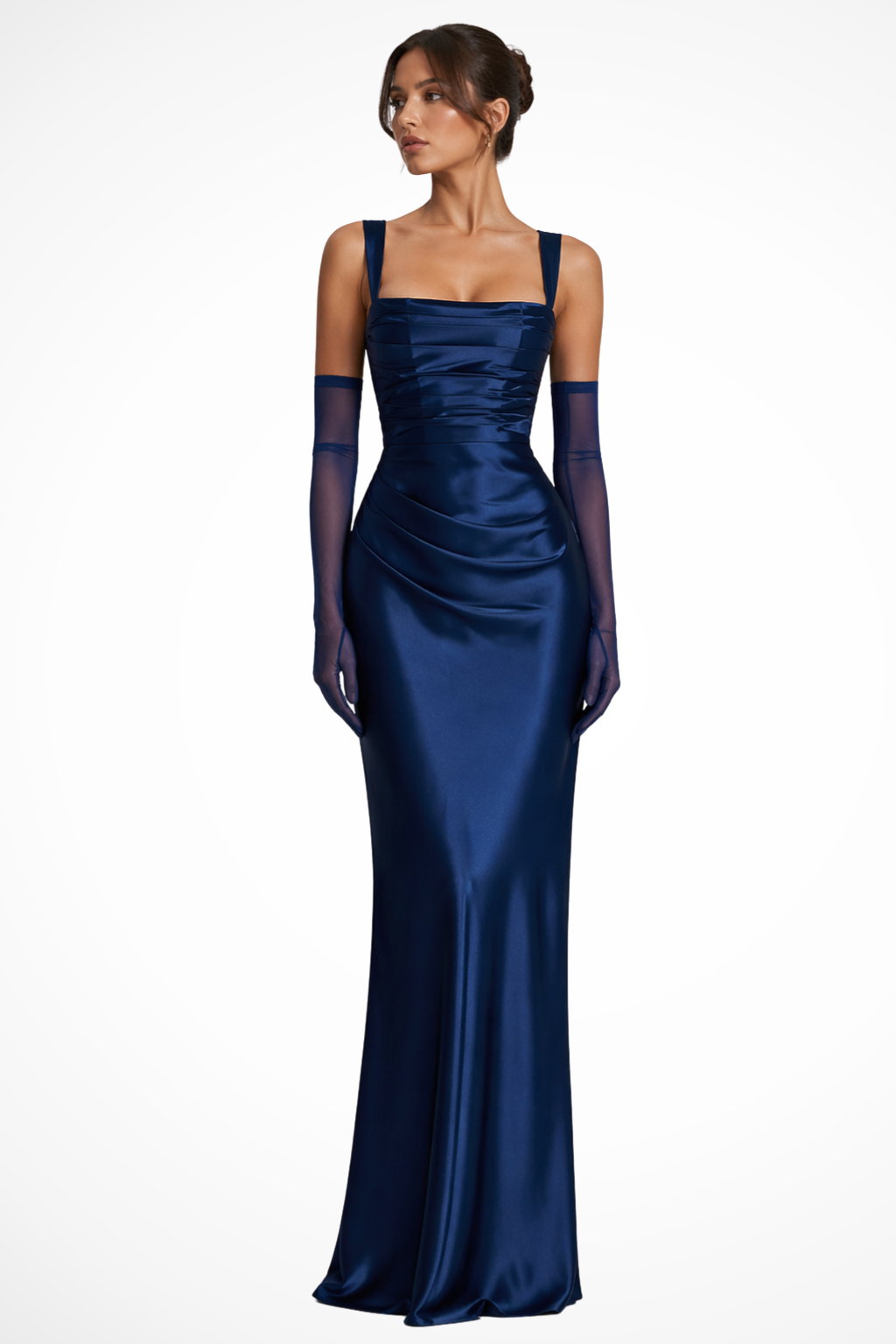 Kestria | Women's Square Neck Ruched Satin Maxi Dress