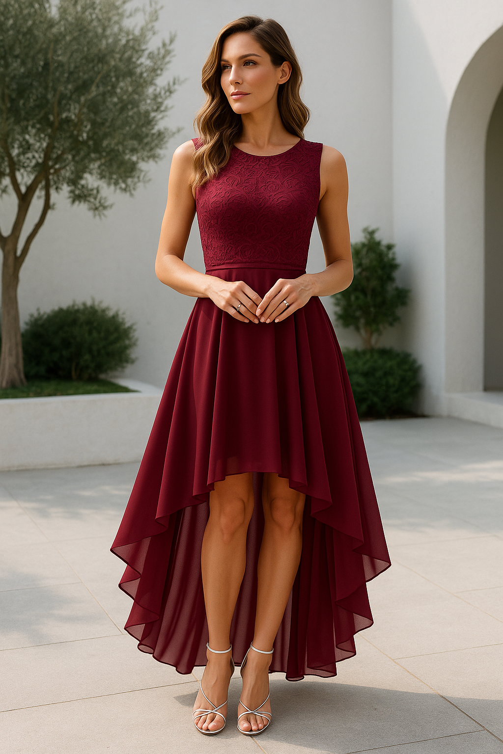 Quistra | Women's Lace Bodice High Low Chiffon Wedding Guest Dress
