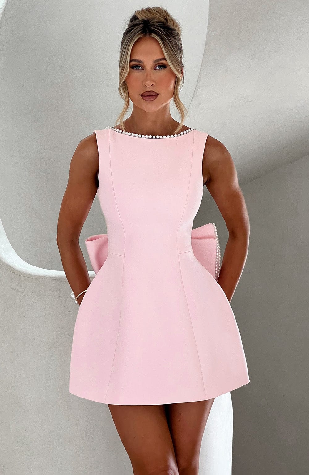 Elunara | Women's Pearl Trim Bow Back Structured Mini Dress