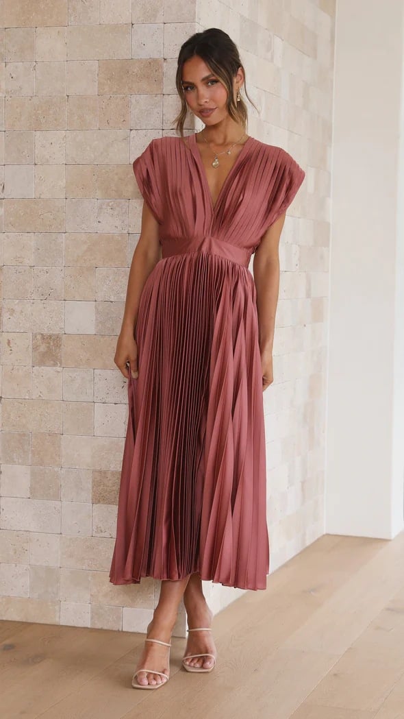 Eulalia | Women's Elegant V-Neck Pleated Midi Dress