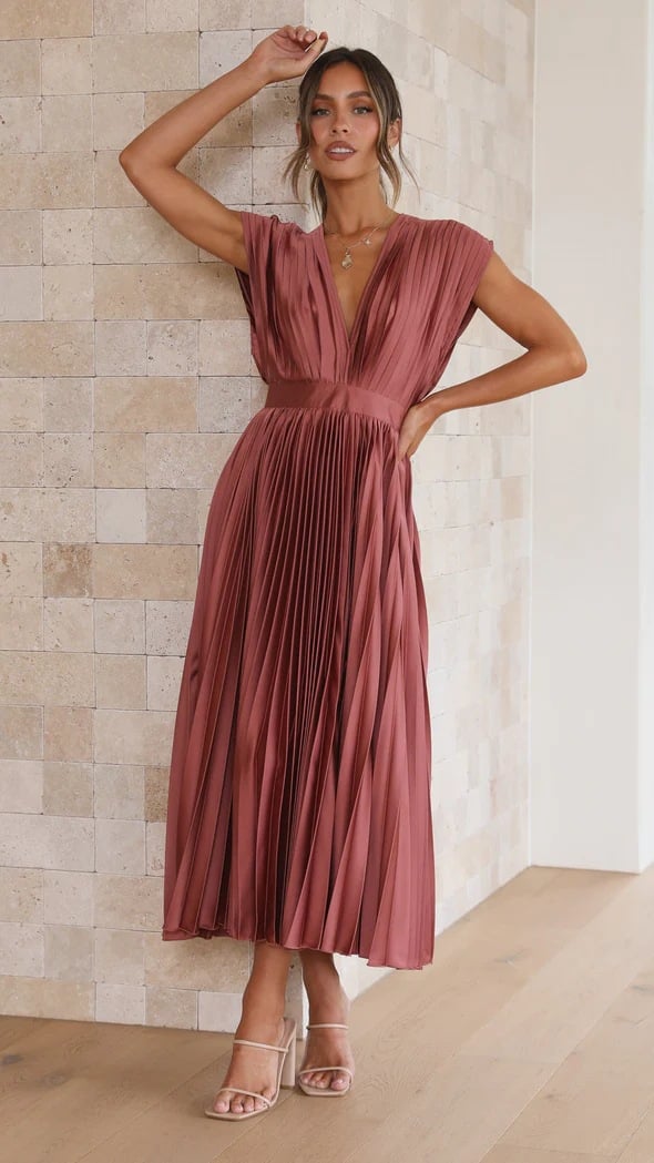 Eulalia | Women's Elegant V-Neck Pleated Midi Dress