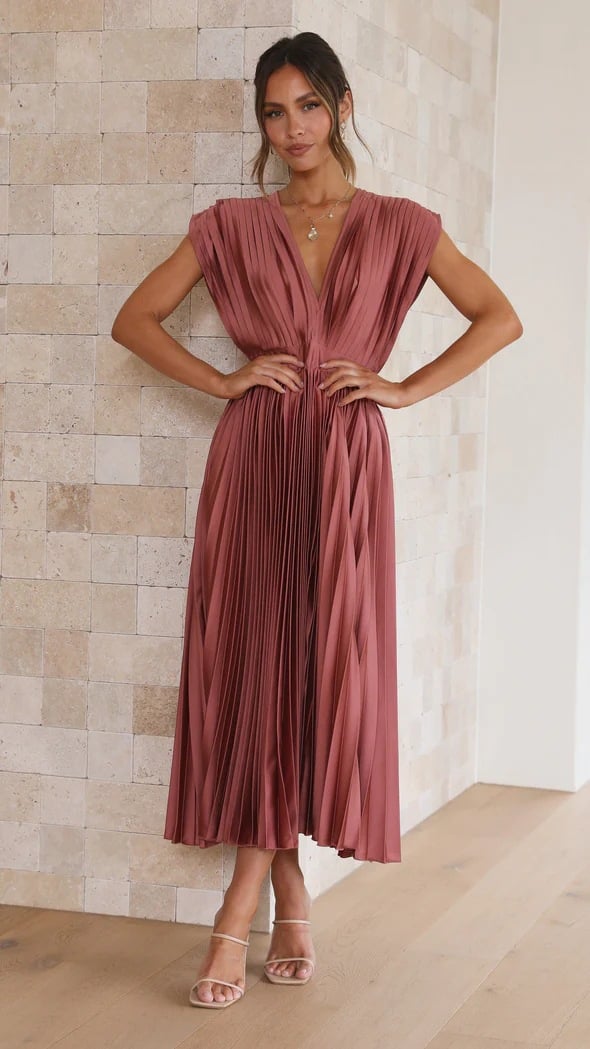Eulalia | Women's Elegant V-Neck Pleated Midi Dress