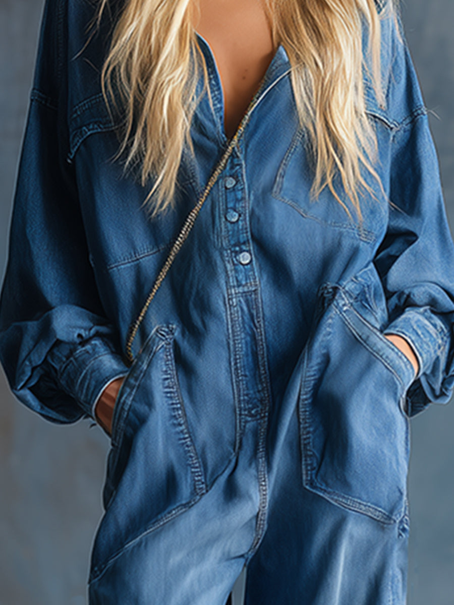Dravelle | Women's Hooded Button-Up Wide Leg Denim Jumpsuit