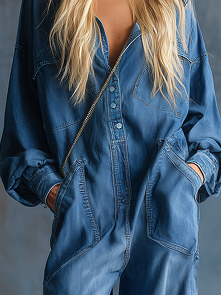 Dravelle | Women's Hooded Button-Up Wide Leg Denim Jumpsuit