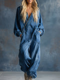 Dravelle | Women's Hooded Button-Up Wide Leg Jumpsuit