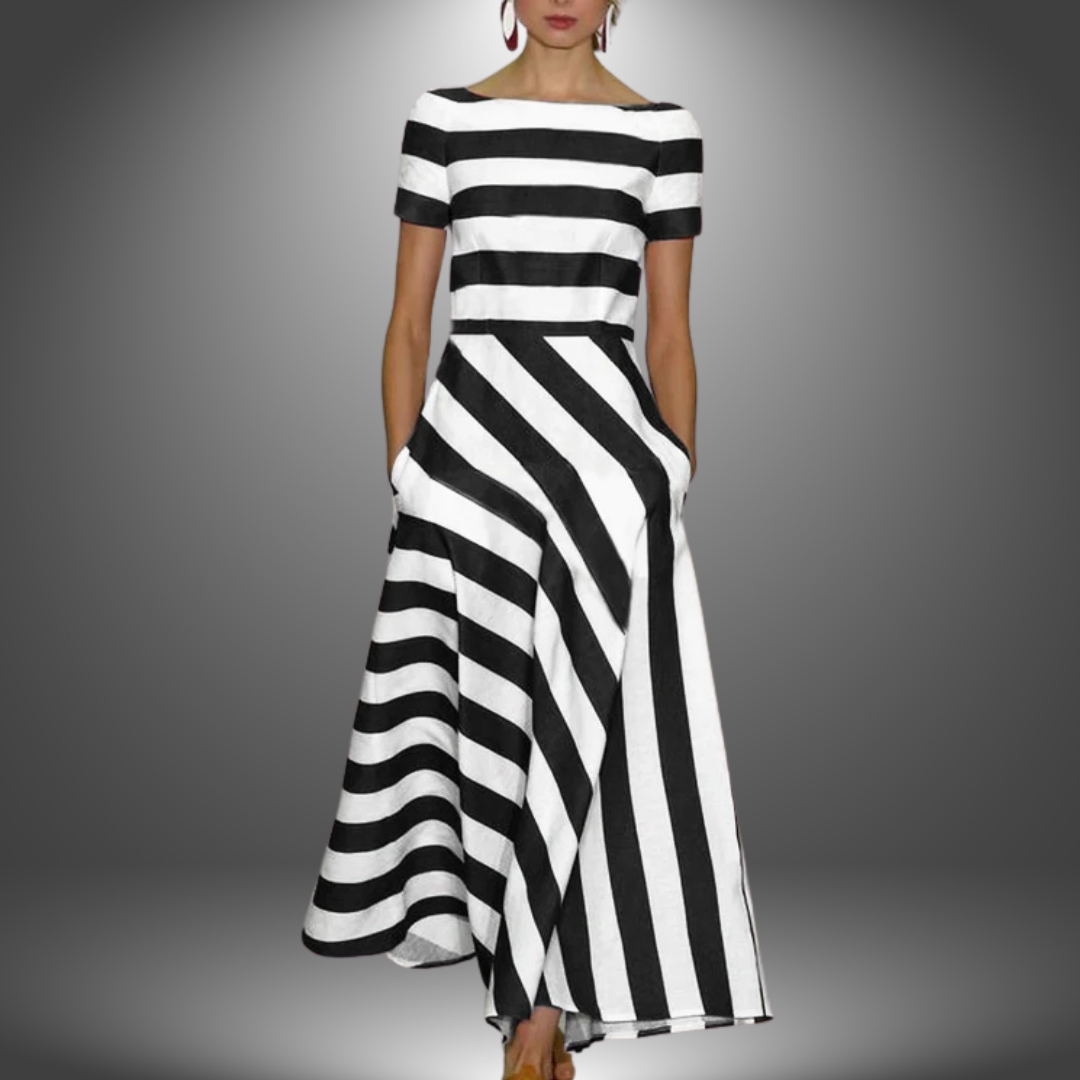 Orphielle | Women's Striped Short Sleeve Asymmetric Maxi Dress
