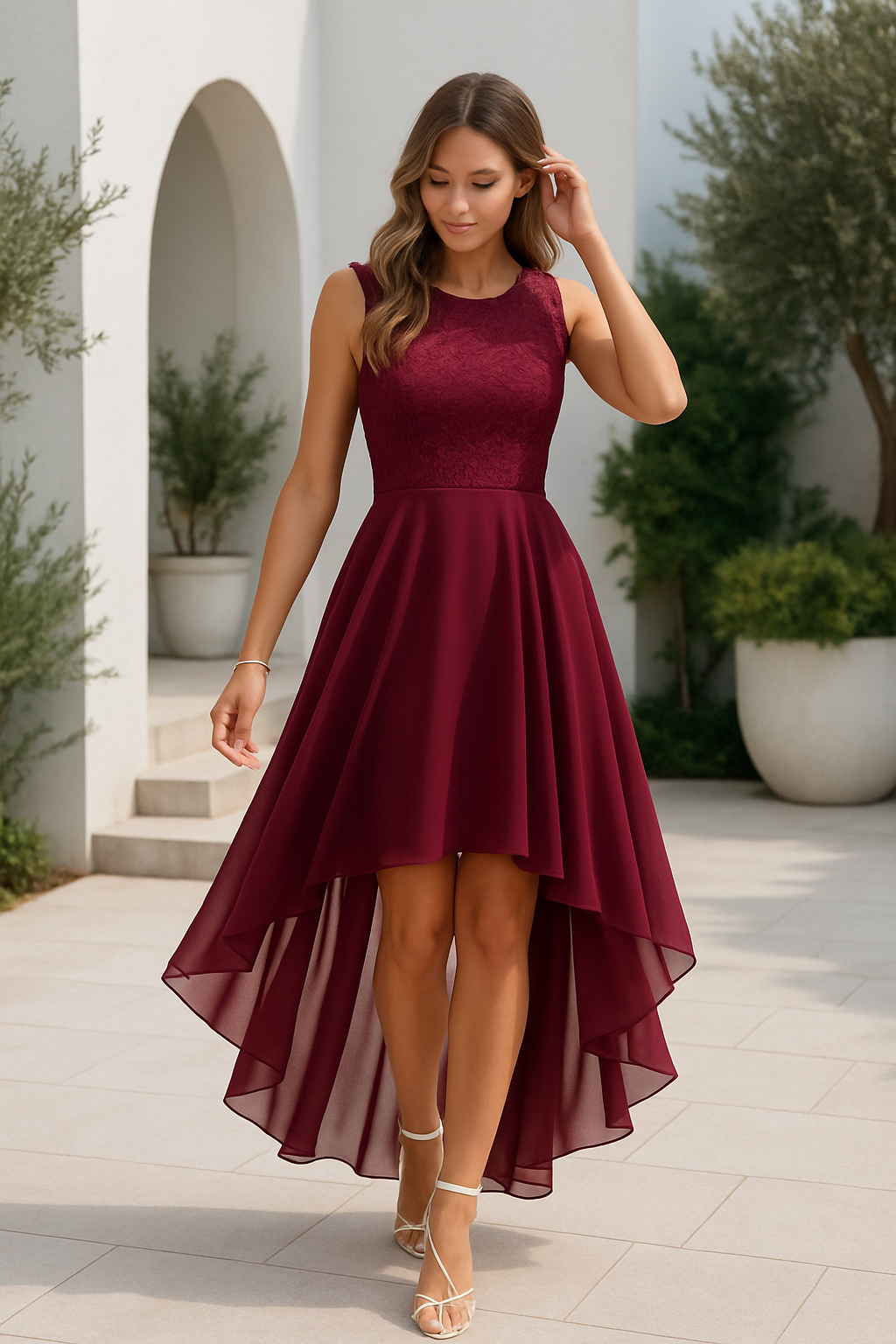 Quistra | Women's Lace Bodice High Low Chiffon Wedding Guest Dress