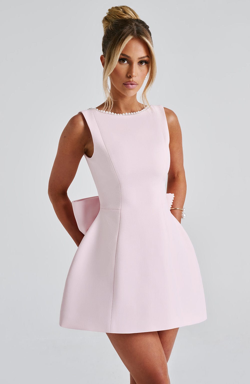 Elunara | Women's Pearl Trim Bow Back Structured Mini Dress
