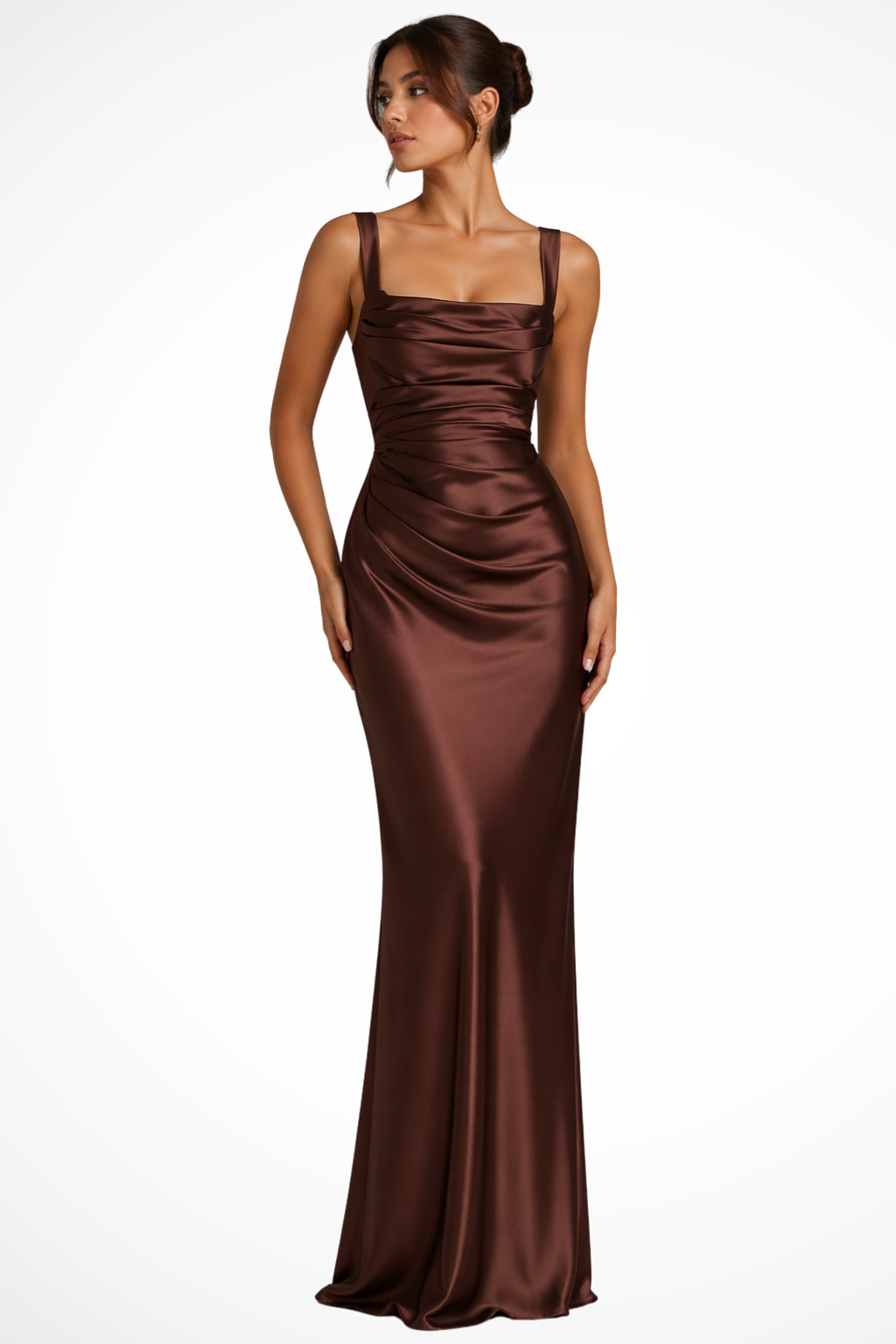 Kestria | Women's Square Neck Ruched Satin Maxi Dress