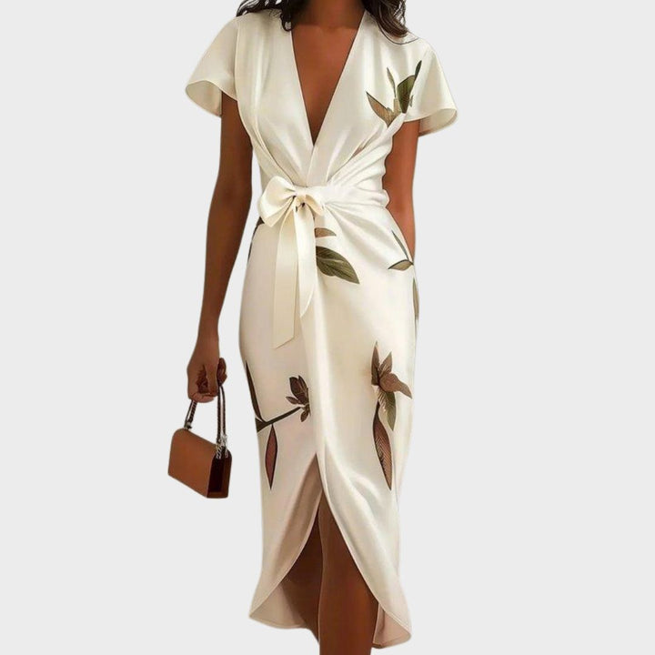 Morvella | Women's Leaf Print Bow Tie Wrap Midi Dress