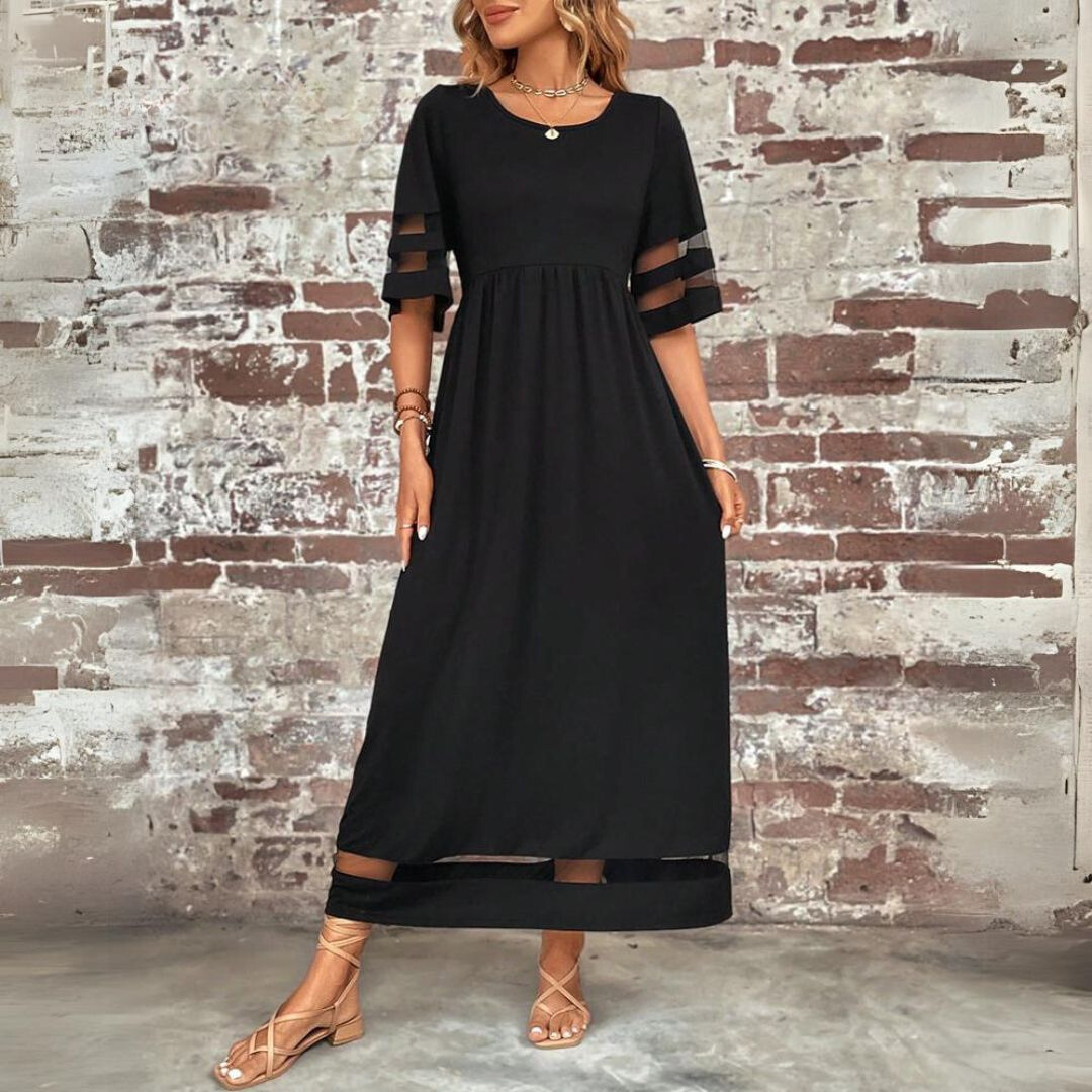 Abrielle | Women's Mesh-Sleeve Empire Waist Maxi Dress