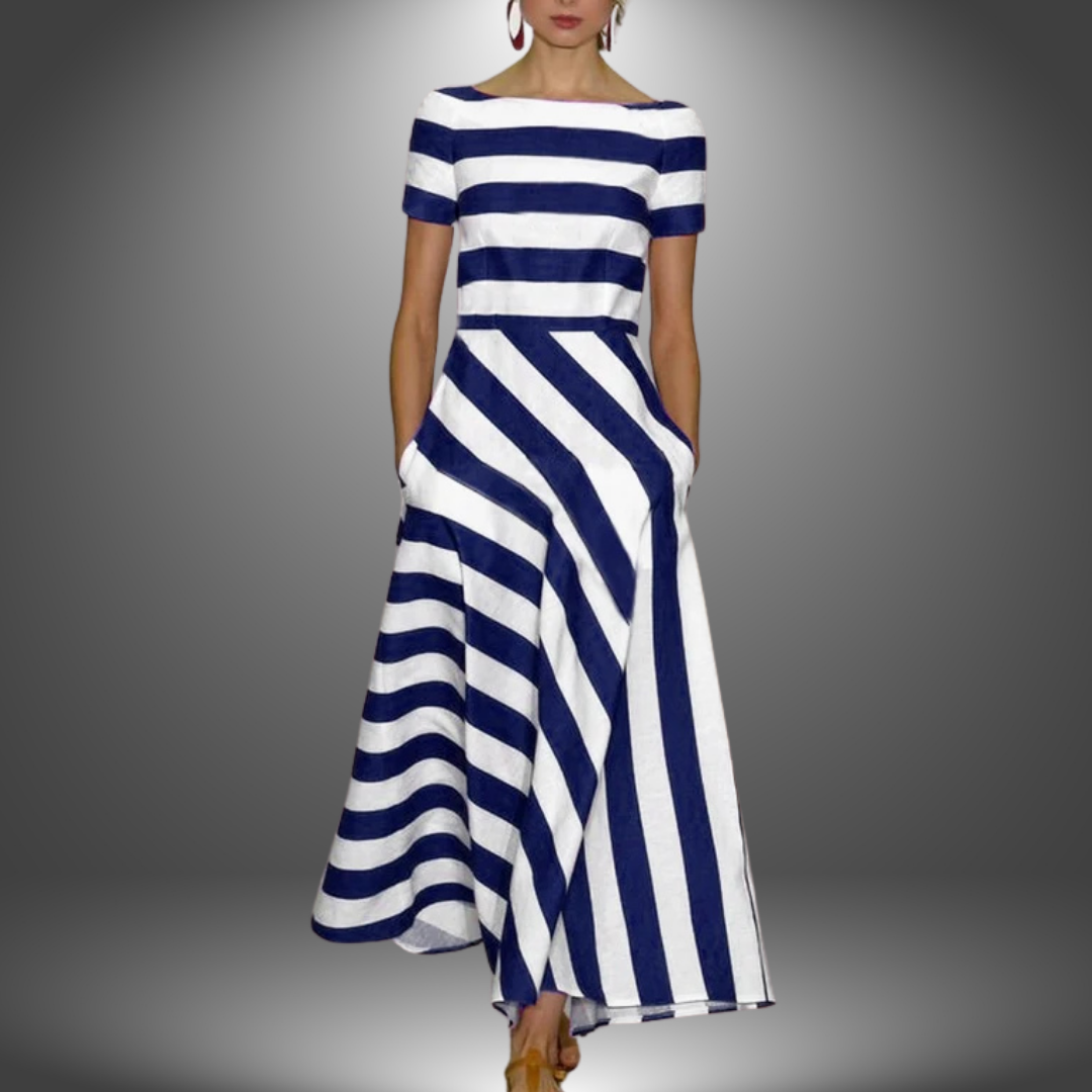 Orphielle | Women's Striped Short Sleeve Asymmetric Maxi Dress