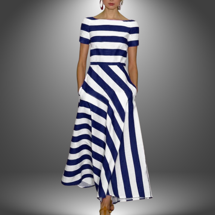 Orphielle | Women's Striped Short Sleeve Asymmetric Maxi Dress