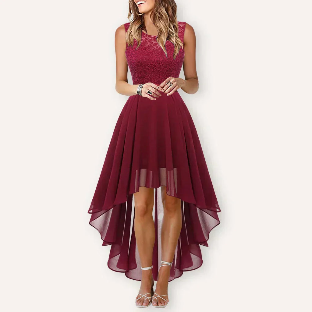 Quistra | Women's Lace Bodice High Low Chiffon Wedding Guest Dress