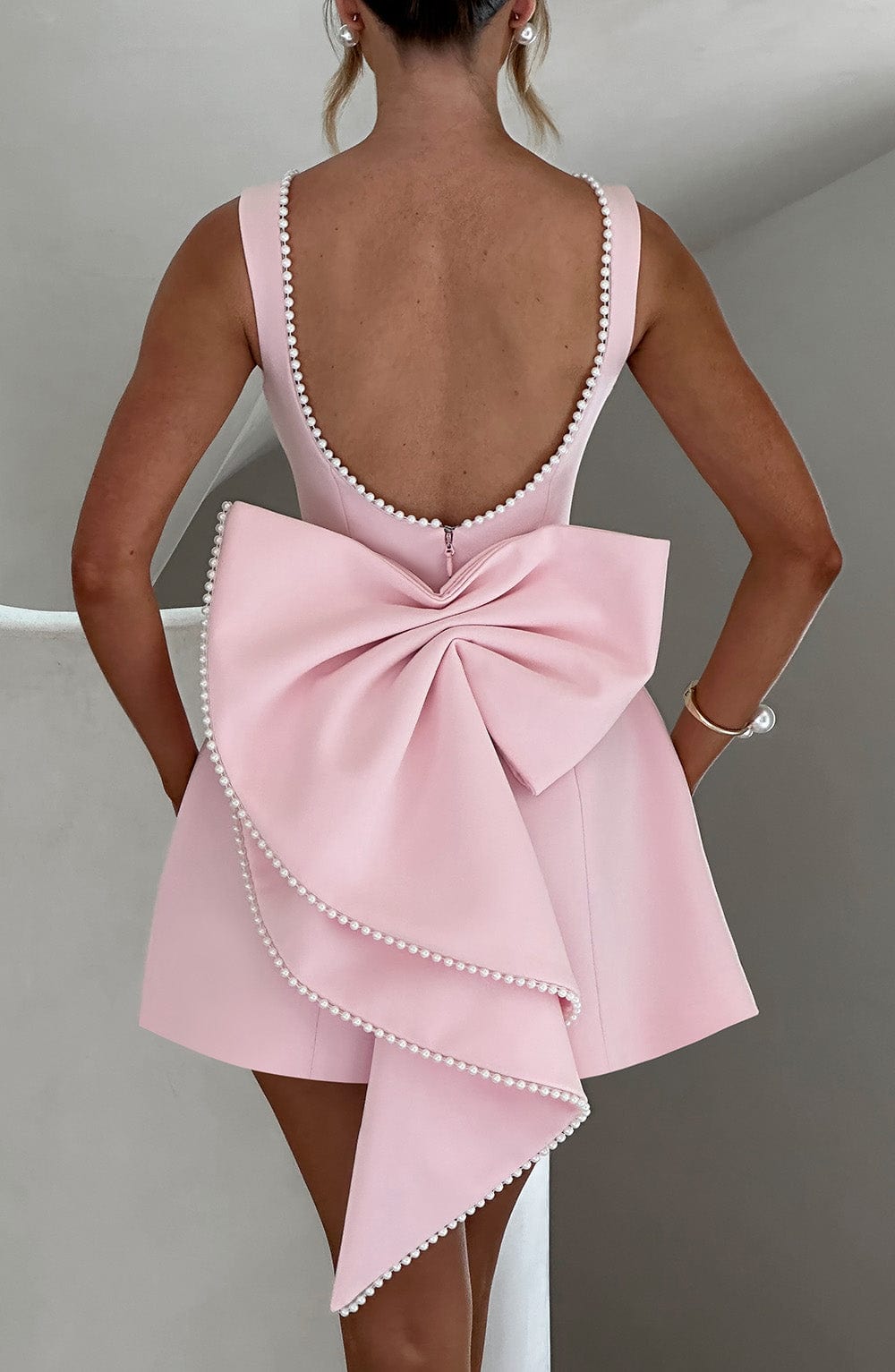 Elunara | Women's Pearl Trim Bow Back Structured Mini Dress