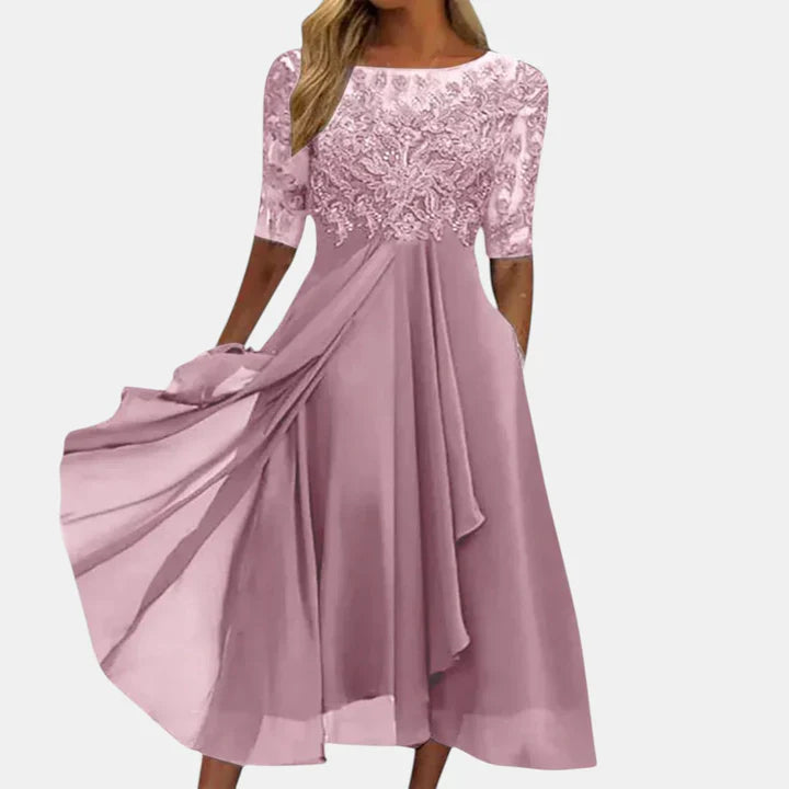 Thalisse | Women's Embroidered Chiffon Midi Occasion Dress