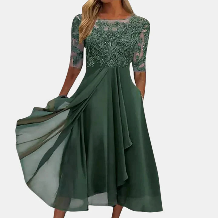 Thalisse | Women's Embroidered Chiffon Midi Occasion Dress
