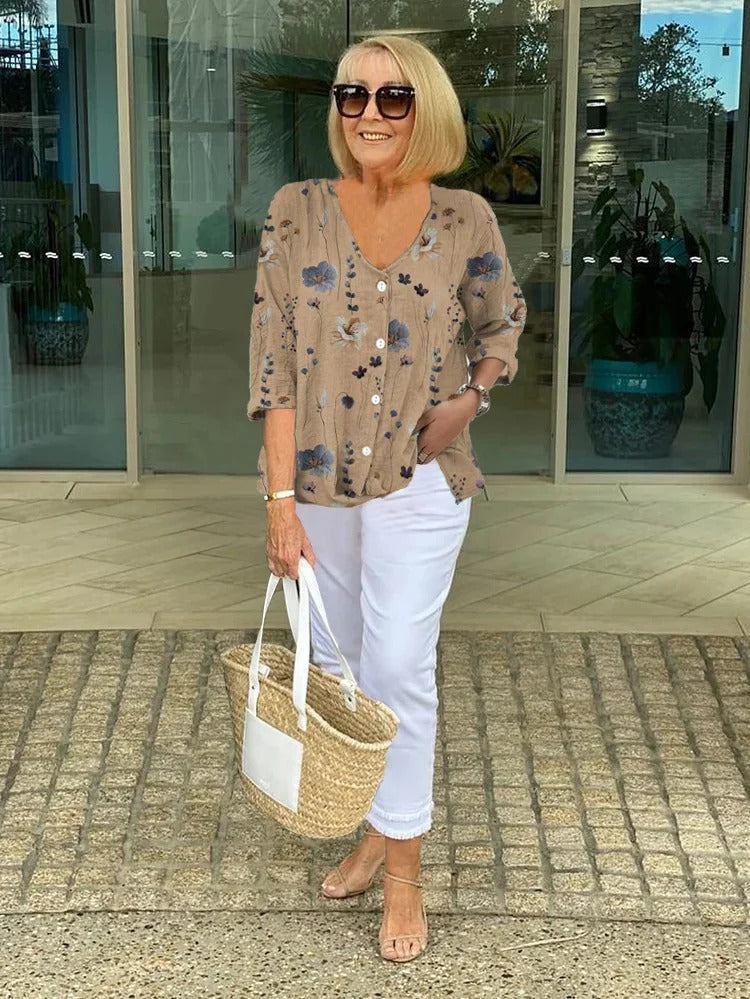 Nyxen | Women's Floral V-Neck Button Blouse