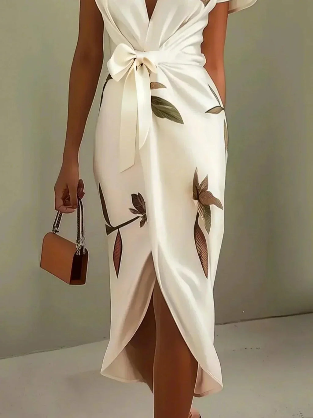 Morvella | Women's Leaf Print Bow Tie Wrap Midi Dress