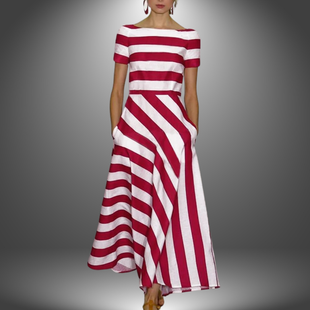 Orphielle | Women's Striped Short Sleeve Asymmetric Maxi Dress