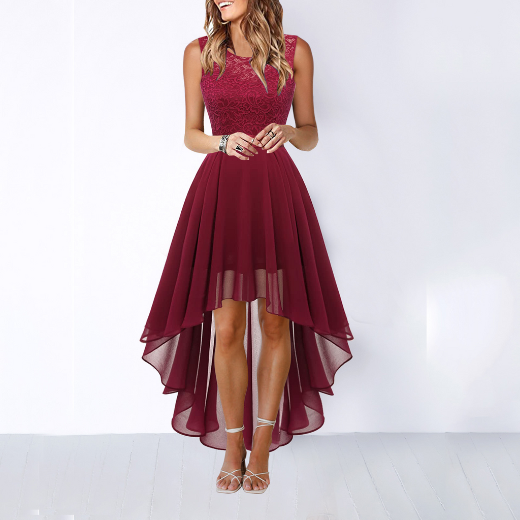 Quistra | Women's Lace Bodice High Low Chiffon Wedding Guest Dress