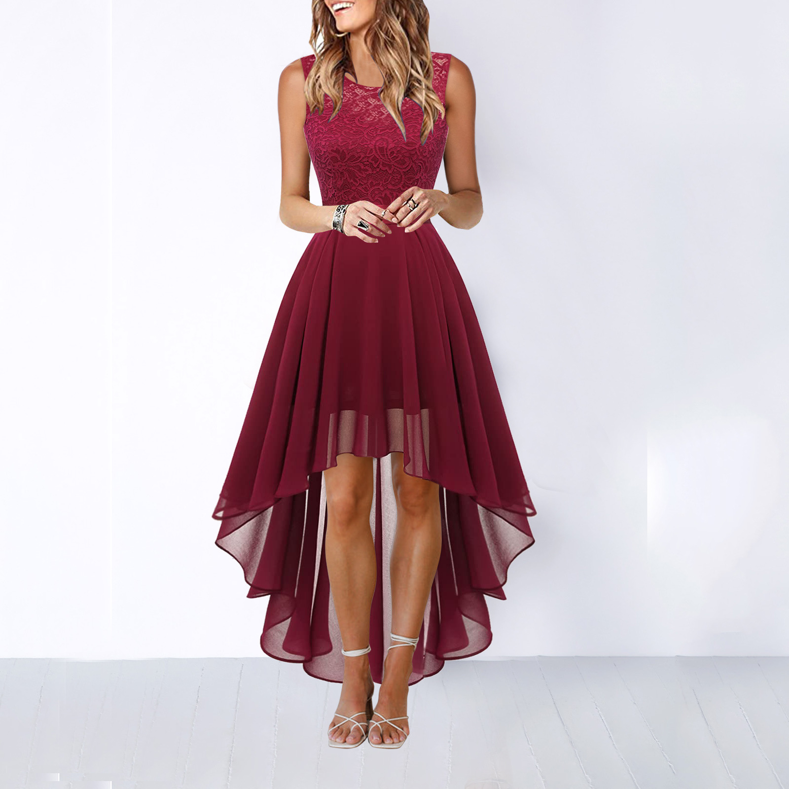 Quistra | Women's Lace Bodice High Low Chiffon Wedding Guest Dress